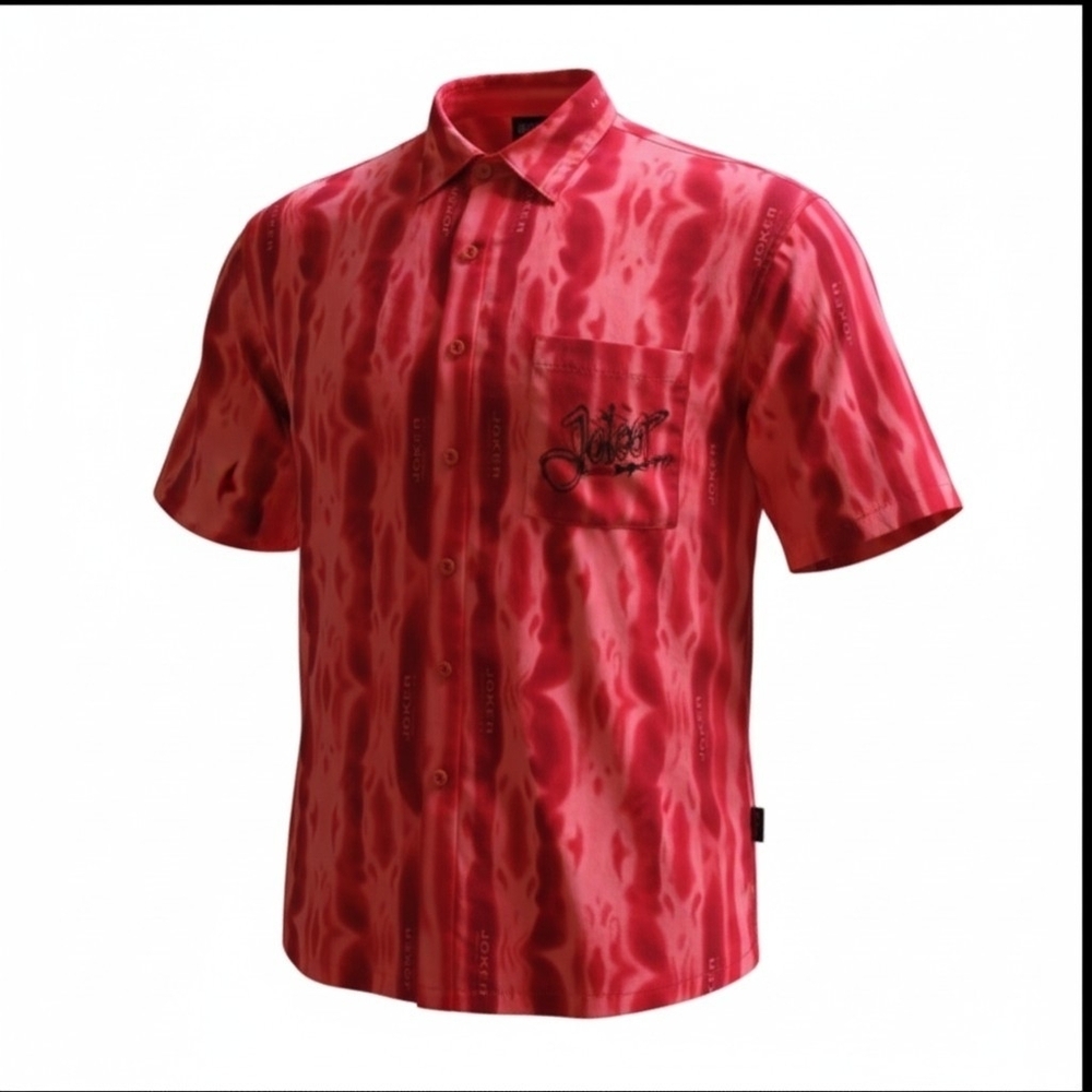 Vintage JOKER Red Satin Camp Shirt Rockabilly Streetwear Mens Size XL.